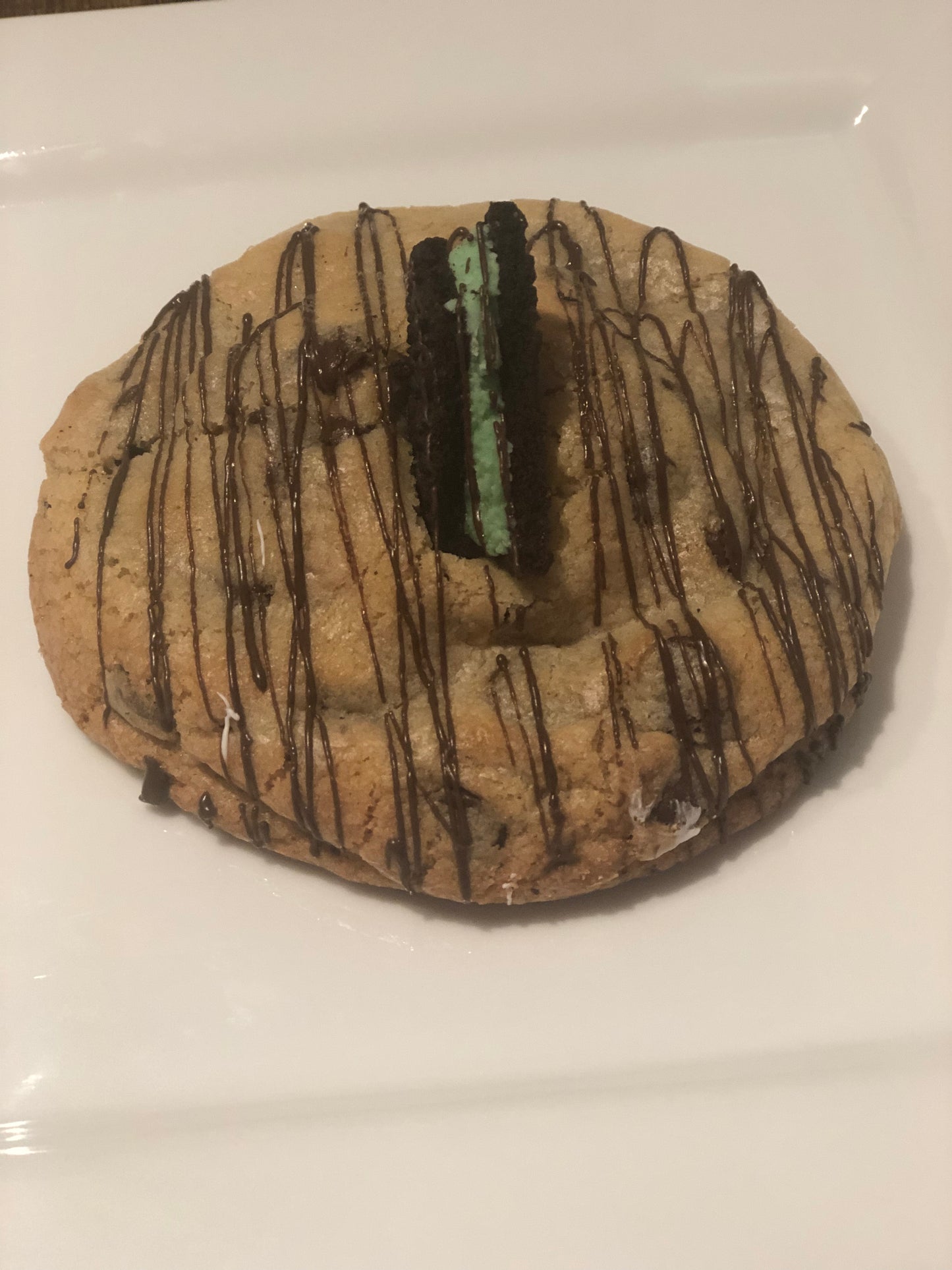 Amazing Chocolate Chip Mint Oreo Stuffed Cookie Chocolate Drizzled